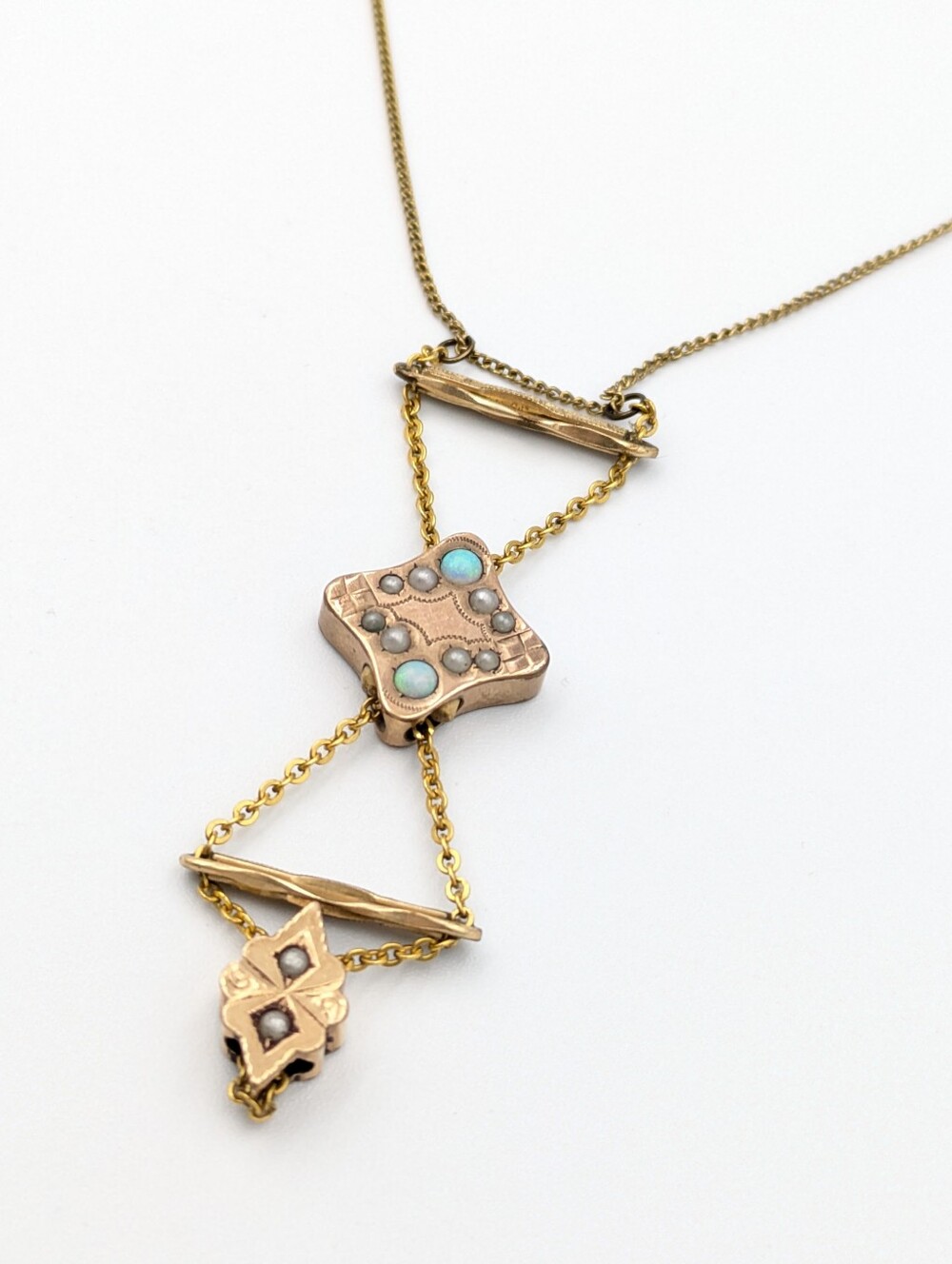 Antique Victorian pearl and opal two slide custom chain necklace